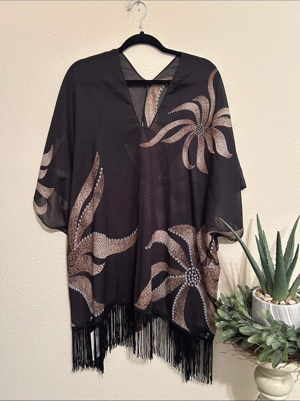 Bon Voyage Black Sheer Floral Fringe Kimono